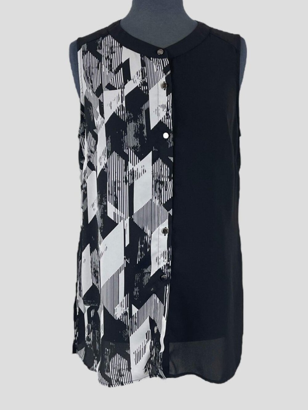 Cleo Petites M Sleeveless Sheer Button Detail Side Slit Mixed Print Tunic Blouse